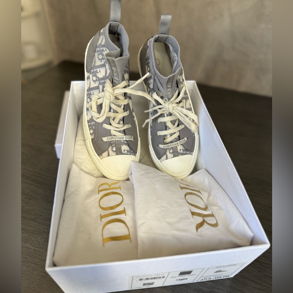 Dior Gray and Cream High-Top Sneakers with Padded Ankle